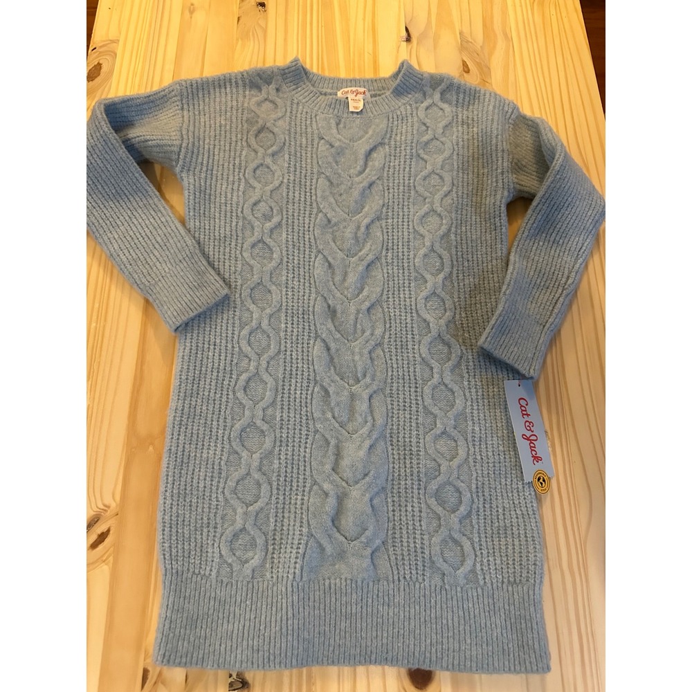 Cat & Jack Girls Light Blue Cable Knit Sweater Dress XS 4-5 Long Sleeve Crew